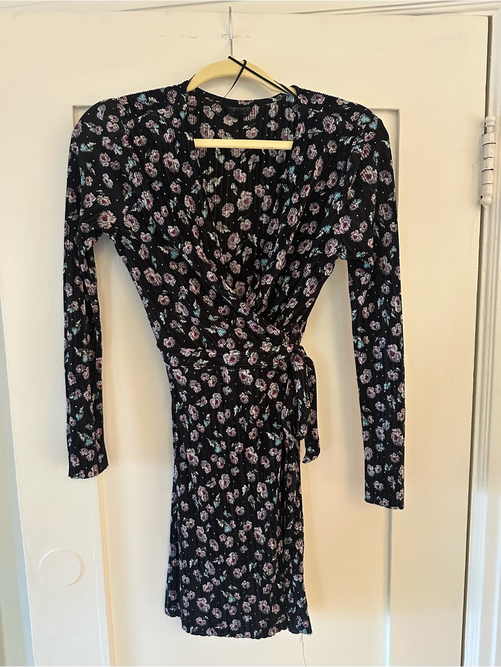 Topshop Black Floral Wrap Dress with Pink & Blue Blooms
